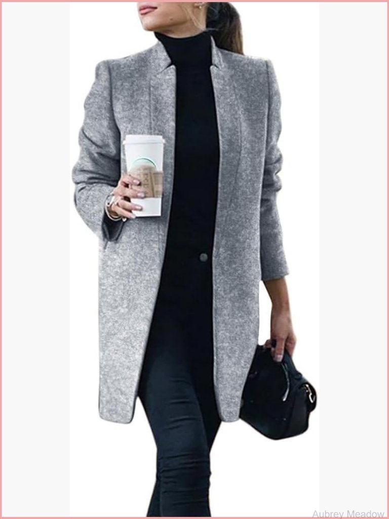 Long Wool Blazer Jacket Peacoat With Pockets For Work